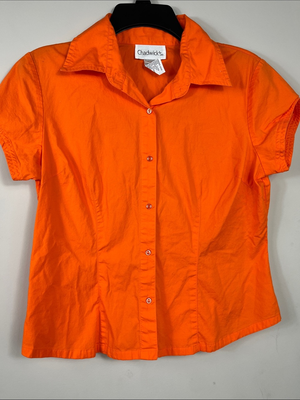 Chadwicks Bright Orange Button Front Blouse Short Sleeve Collared Top Summer M